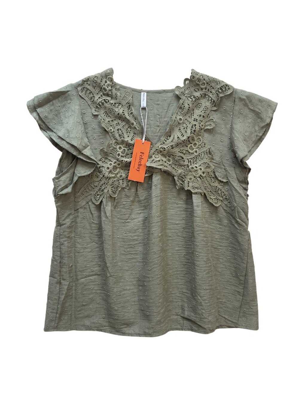 NWT | Falechay Sage Green Lace Crochet V-Neck Swiss Dot Flutter Sleeve Blouse XL